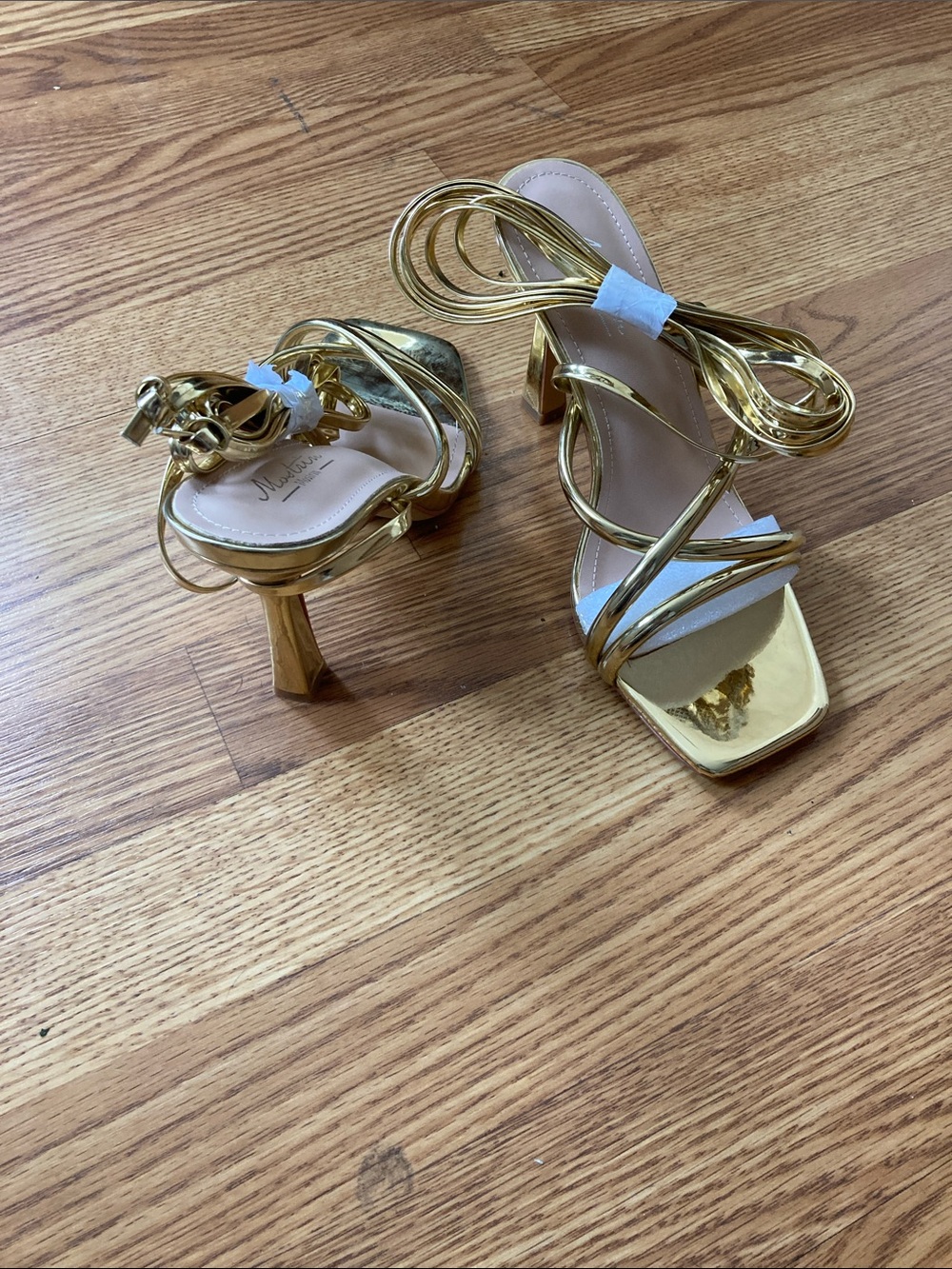 Gold Metallic Strappy Block Heel Sandals with Wrap Ties